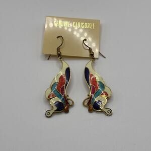 Vintage Cloisonné Enamel Butterfly Dangle Earrings Multicolor Gold Tone